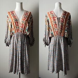 umgee boho cream floral paisley print v neck dolman mini dress